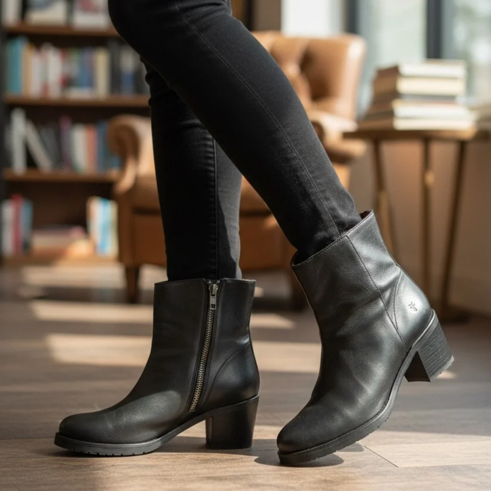 Black Leather Ankle Boots- Ladies Frye Ankle Leather Boots - Picture 3 of 13